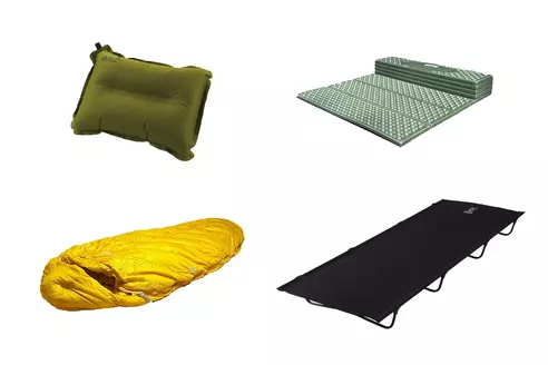 【春秋キャンプ】熟睡キャンプ寝具4点セット（まくら、寝袋、マット、コット）