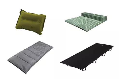 【夏用】熟睡キャンプ寝具4点セット（まくら、寝袋、マット、コット）