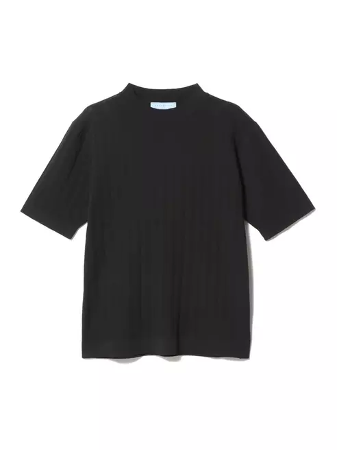 コットンリネンストライプニットTシャツ ブラック S